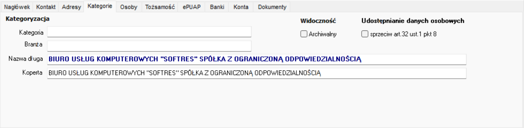 Zakładka Kategorie